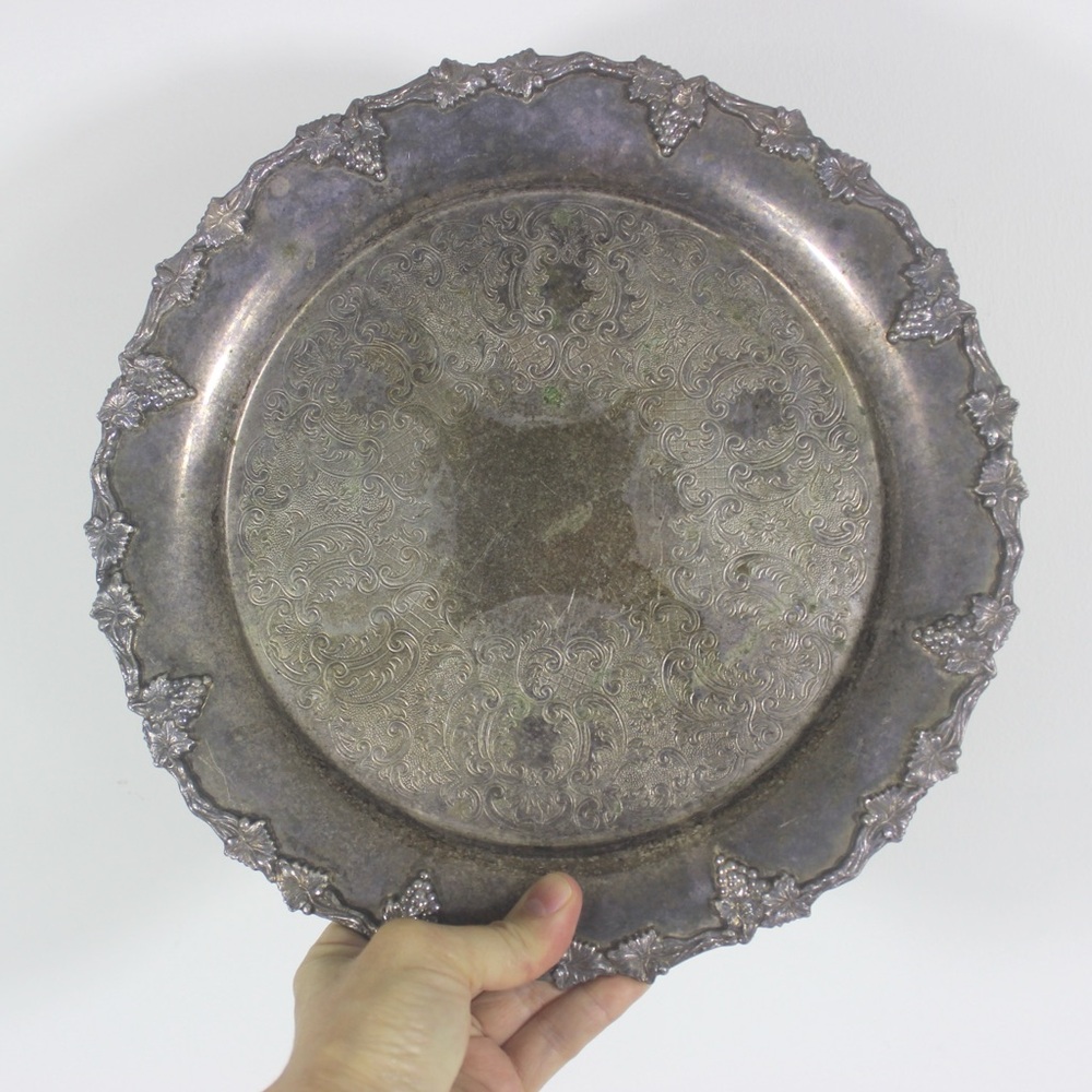Small 10” Vintage Silver Tray with Grape Detail